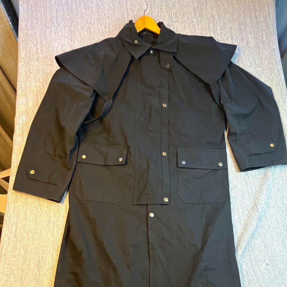 Vintage Black Waxed Canvas Long Duster Riding Coat Jacket Western Oilskin Small